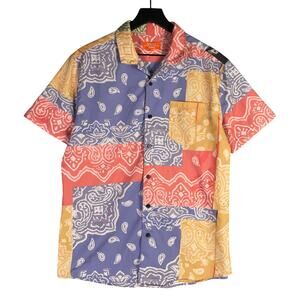 Negative Space Patchwork Bandana Print Shirt‎ Multicolor Button Top Men’s M